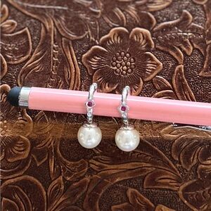 925 Silver Pearl Drop Huggie Earrings with Pink Gem Accents